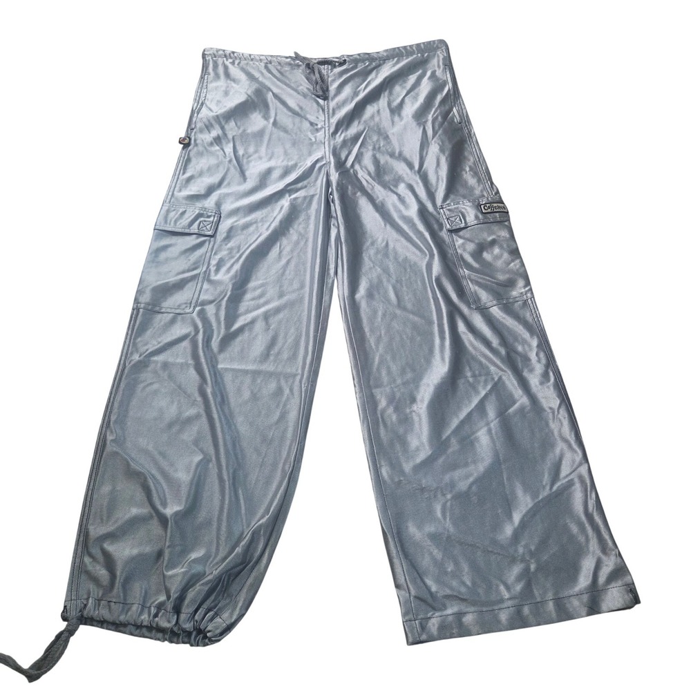 Vtg Y2K Caffeine Metallic Silver Rave Cargo Pants Goth Whimsy Cyber Parachute L